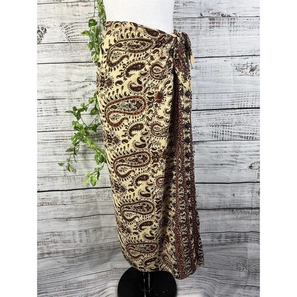 Anne Klein Skirt size 12 Burgundy Brown Silk Paisley Long Faux Wrap Scarf Modest - Picture 3 of 15